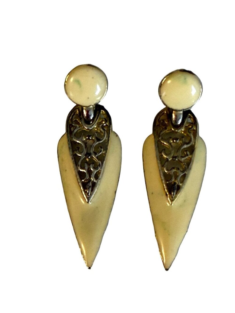 Vintage White Enamel Gold Tone Filigree Dangle Pierced Earrings